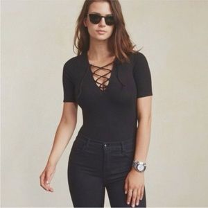 Reformation V-Neck Short Sleeve Tie Up Bodysuit